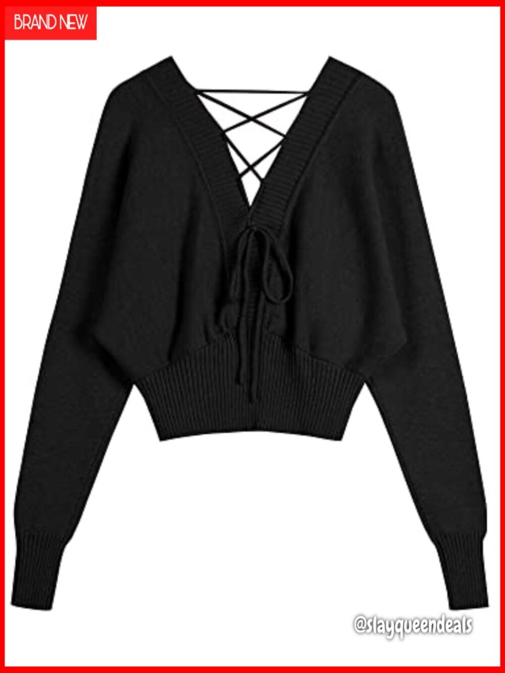 V Neck Button Crop Sweater Batwing Sleeve Ribbed Hem Pullover - Picture 4 of 5